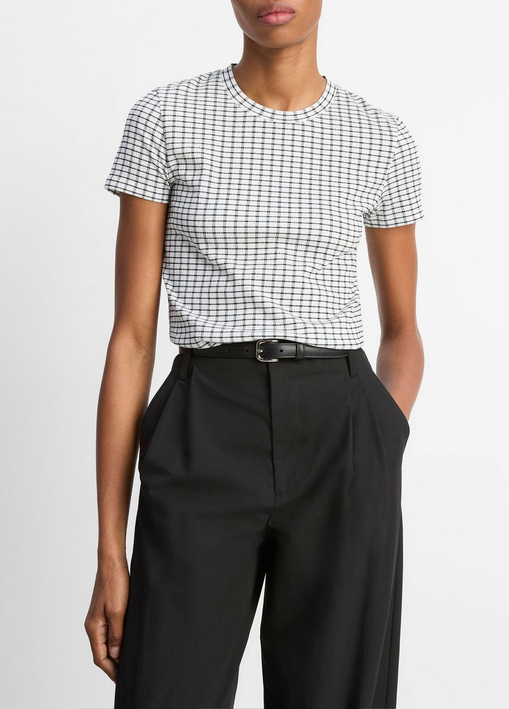 Checked Smocked T-Shirt in Shirts & Tees - BLACK COMBO | VINCE Sale