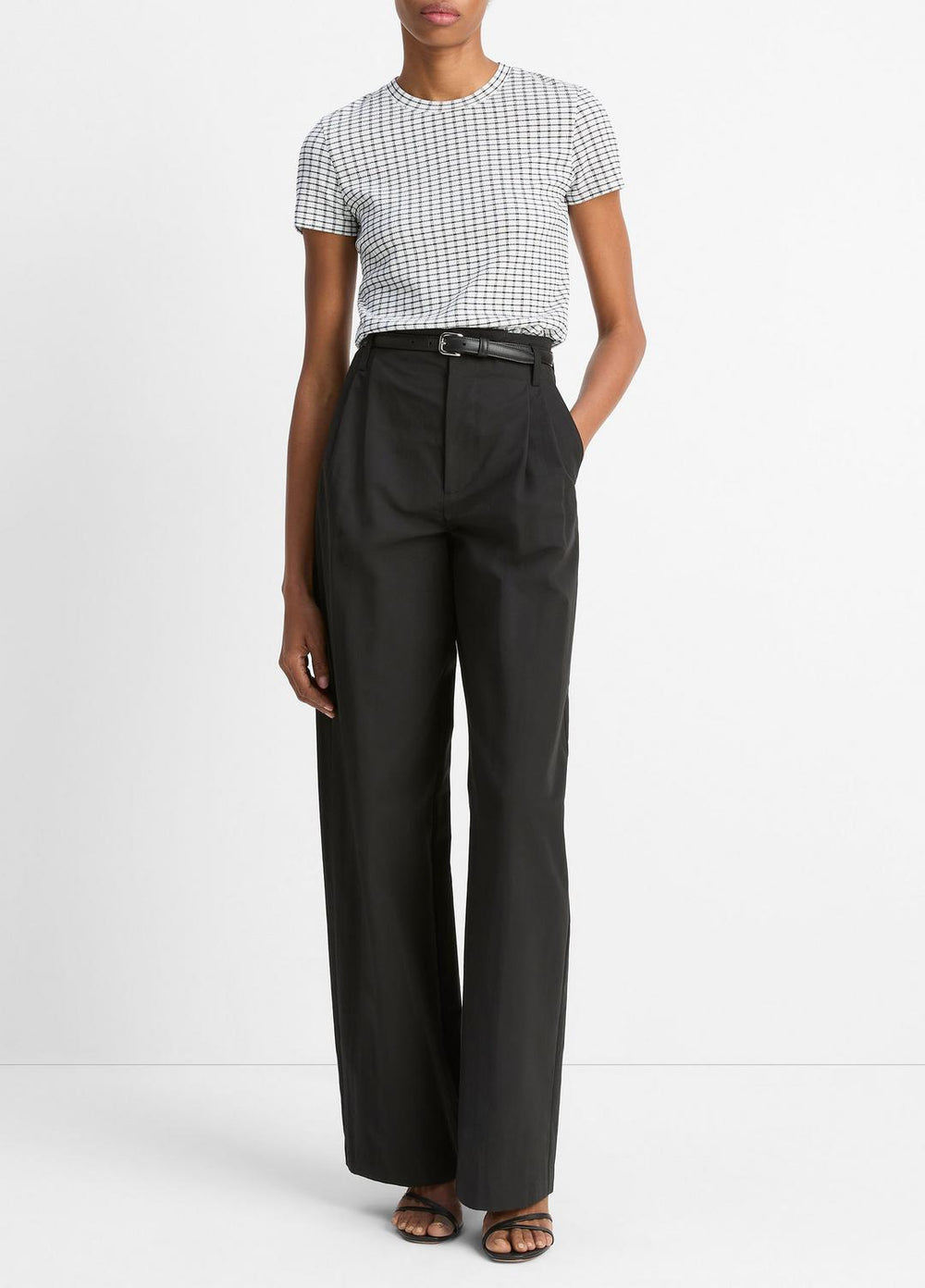 Checked Smocked T-Shirt in Shirts & Tees - BLACK COMBO | VINCE Sale