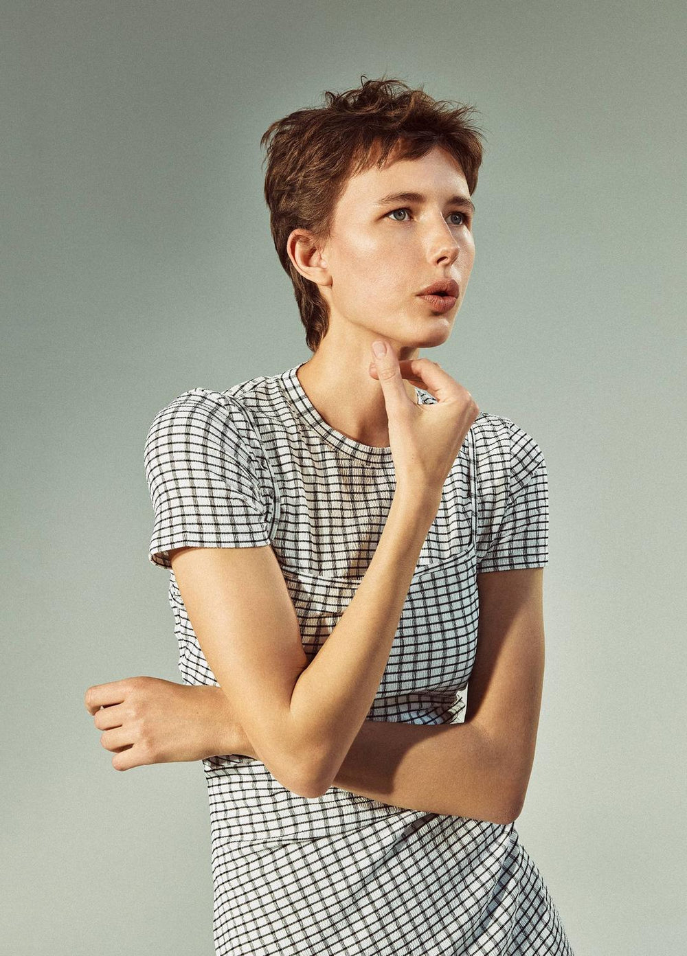 Checked Smocked T-Shirt in Shirts & Tees - BLACK COMBO | VINCE Sale