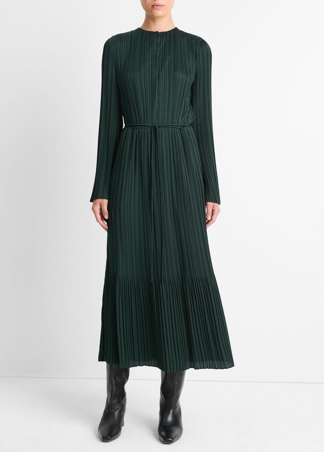 Pleated Satin Long-Sleeve Dress in Dresses & Skirts - MARINE PINE | VINCE Sale