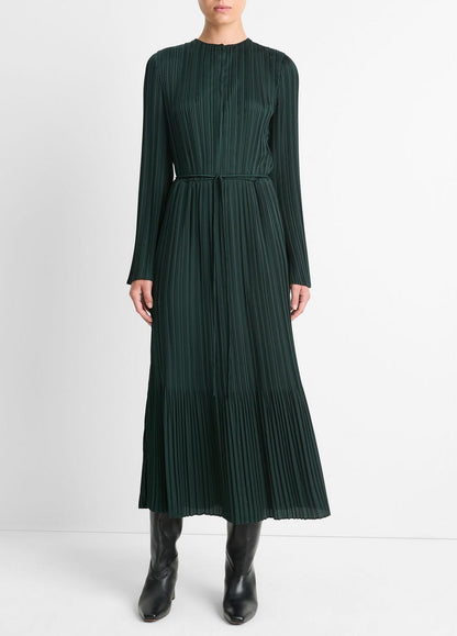 Pleated Satin Long-Sleeve Dress in Dresses & Skirts - MARINE PINE | VINCE Sale