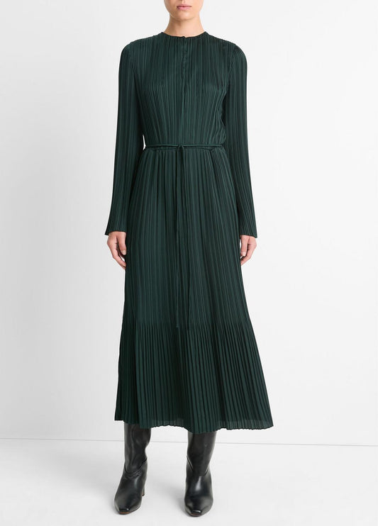 Pleated Satin Long-Sleeve Dress in Dresses & Skirts - MARINE PINE | VINCE Sale