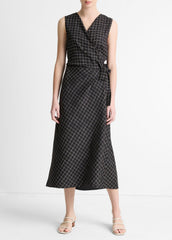 Trellis Plaid Draped Sleeveless Wrap Dress in Dresses & Skirts - BLACK/CREAM | VINCE Sale