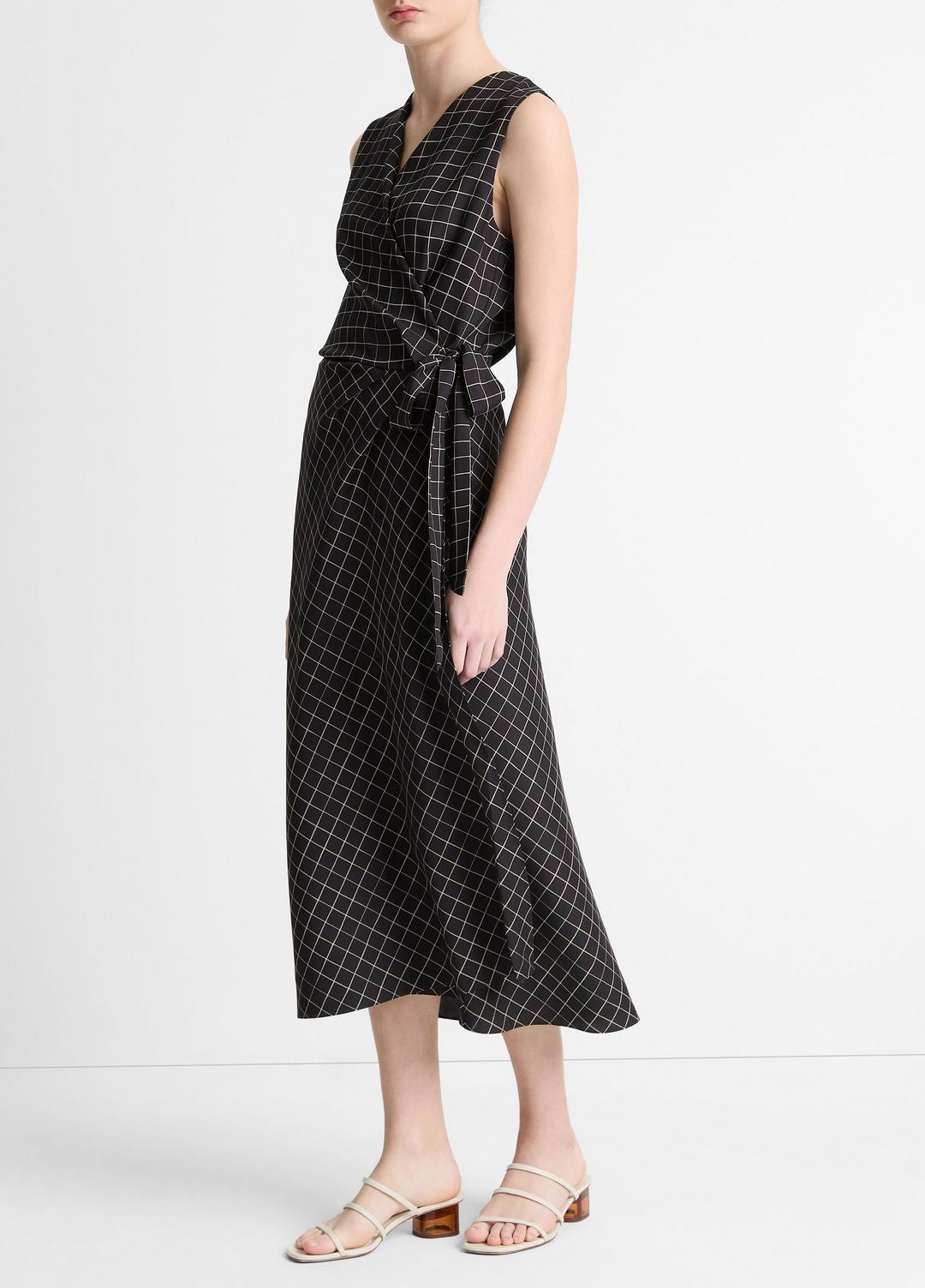 Trellis Plaid Draped Sleeveless Wrap Dress in Dresses & Skirts - BLACK/CREAM | VINCE Sale