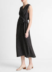Trellis Plaid Draped Sleeveless Wrap Dress in Dresses & Skirts - BLACK/CREAM | VINCE Sale