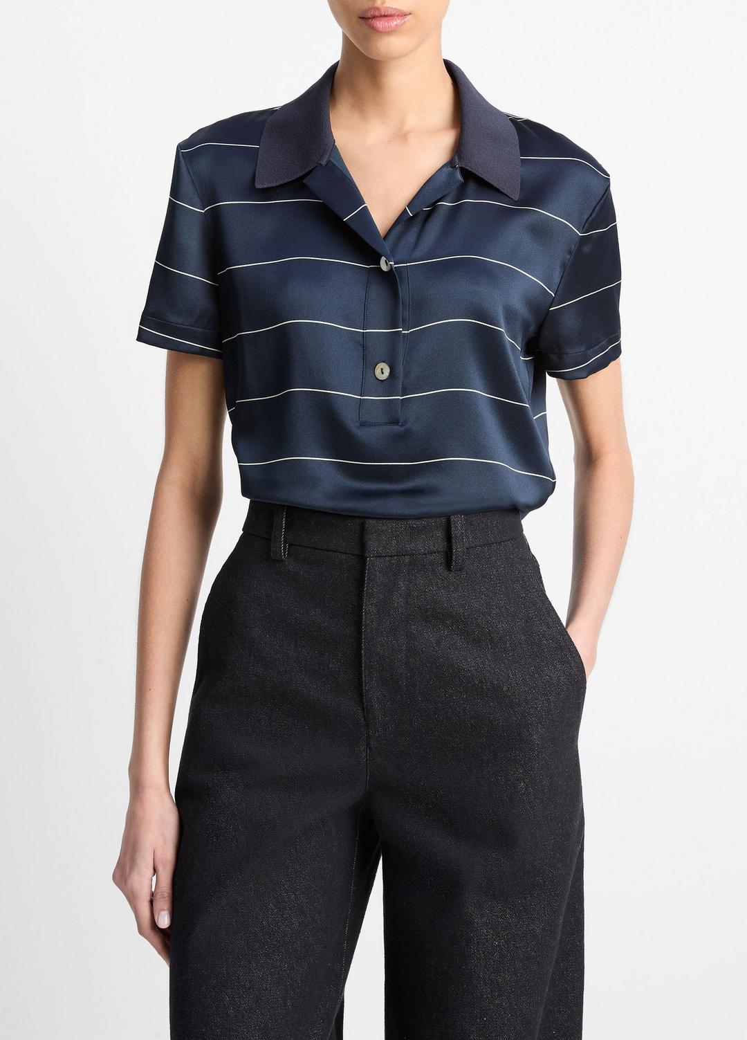 Knit-Collar Striped Silk Polo Shirt in Shirts & Tees - COASTAL BLUE/CREAM | VINCE Sale