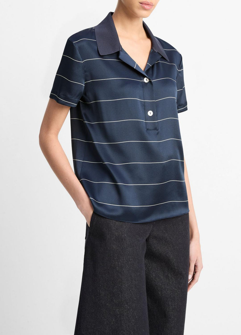 Knit-Collar Striped Silk Polo Shirt in Shirts & Tees - COASTAL BLUE/CREAM | VINCE Sale