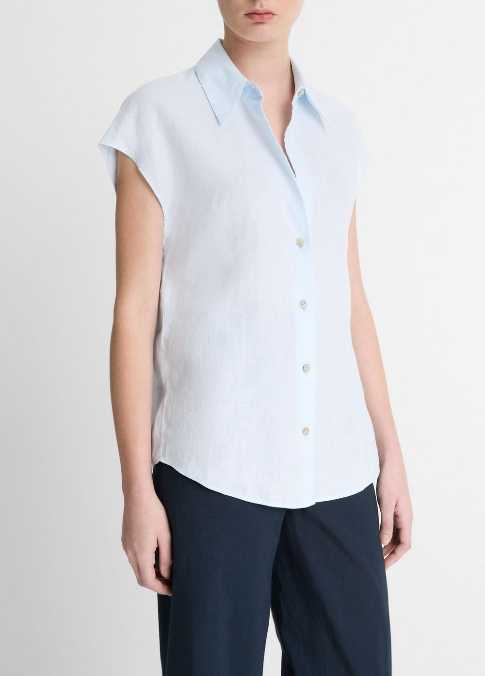 Linen Cap-Sleeve Button-Front Blouse in Shirts & Tees - SKY MIST | VINCE Sale