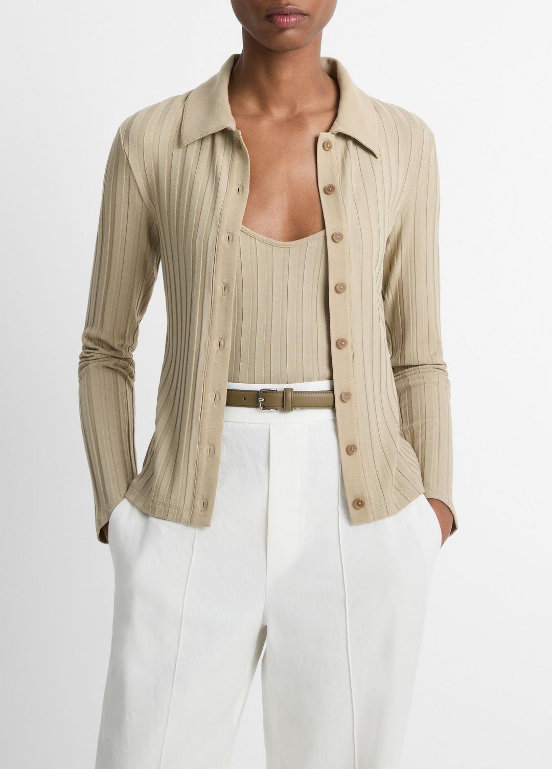 Ribbed Collared Long-Sleeve Button-Front Top in Shirts & Tees - MOJAVE | VINCE Sale