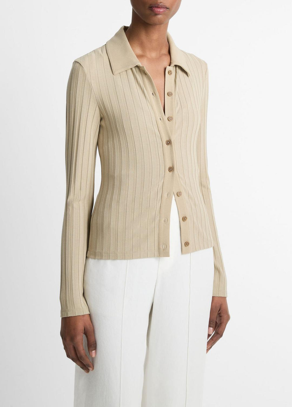 Ribbed Collared Long-Sleeve Button-Front Top in Shirts & Tees - MOJAVE | VINCE Sale