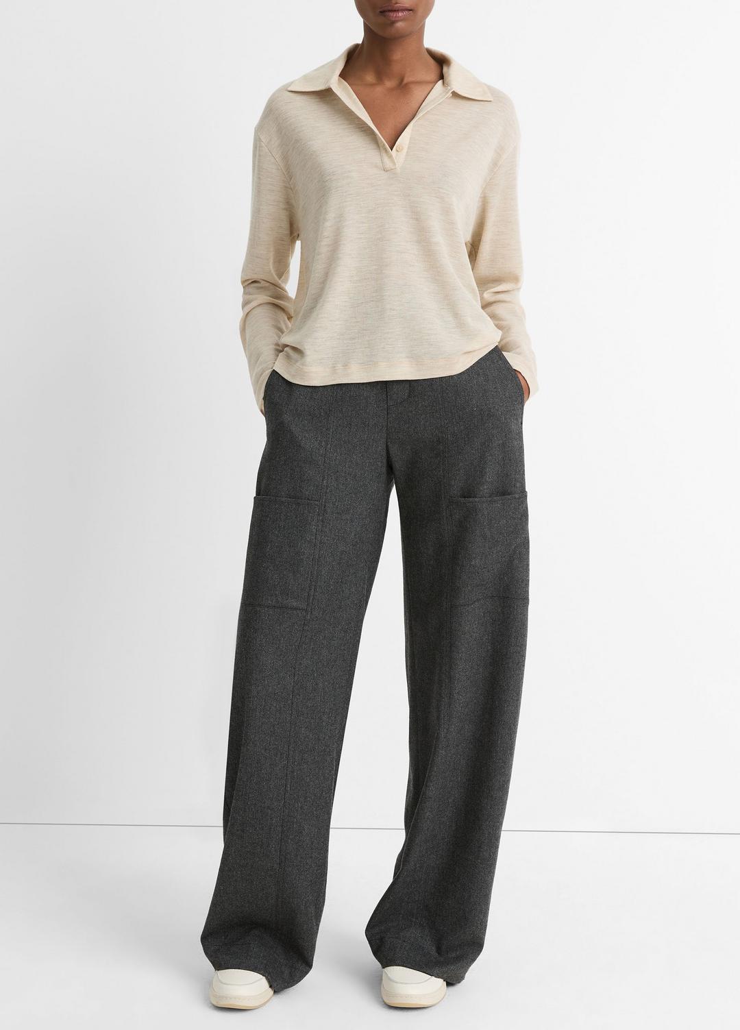 Wool Relaxed Long-Sleeve Polo Shirt in Shirts & Tees - LIGHT HEATHER ECRU | VINCE Sale