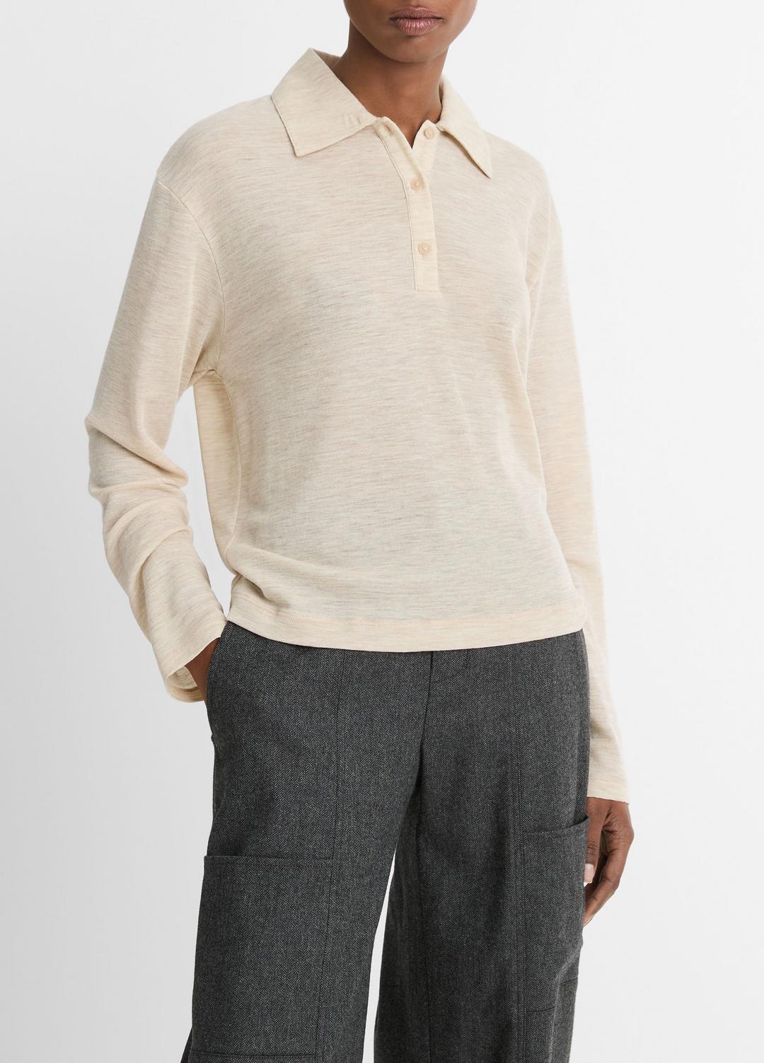 Wool Relaxed Long-Sleeve Polo Shirt in Shirts & Tees - LIGHT HEATHER ECRU | VINCE Sale