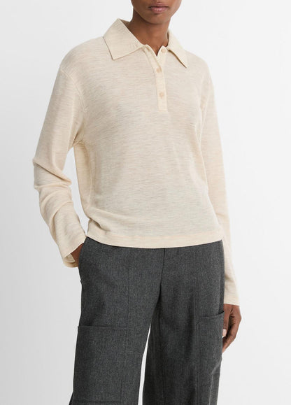 Wool Relaxed Long-Sleeve Polo Shirt in Shirts & Tees - LIGHT HEATHER ECRU | VINCE Sale